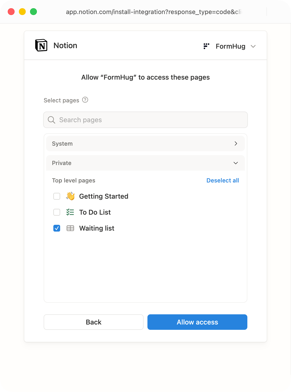 Notion page picker with a Waiting list database selected for FormHug access