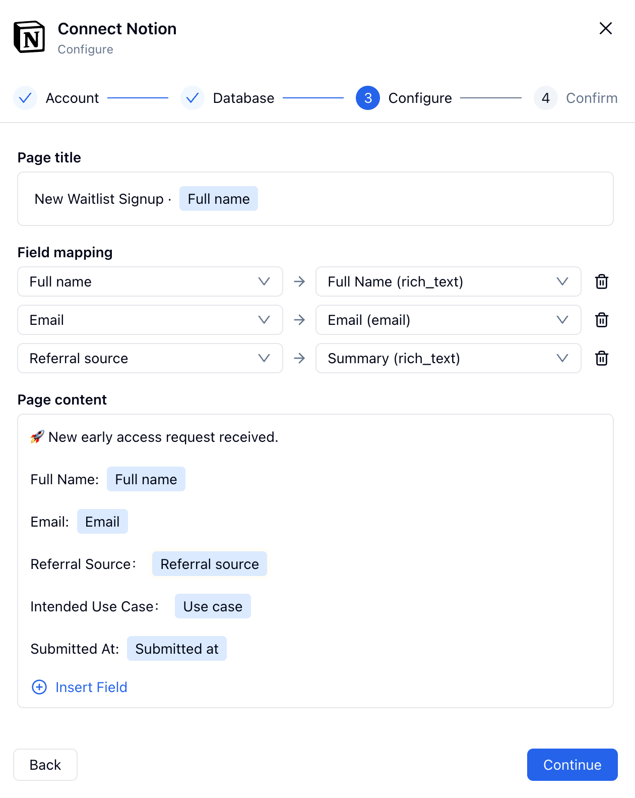 FormHug Notion configuration screen showing page title, field mapping, and page content