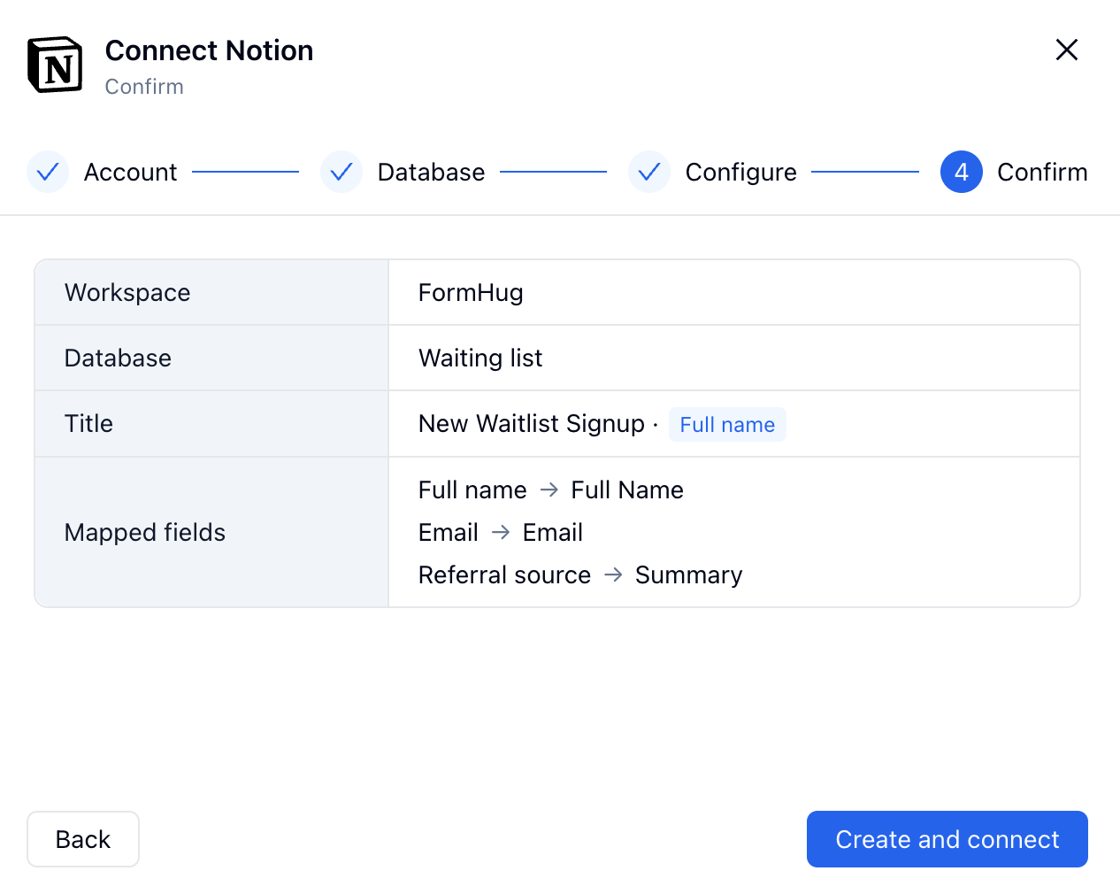 FormHug Connect Notion confirmation screen showing workspace, database, page title, and mapped fields