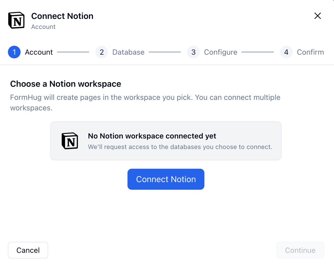 FormHug Connect Notion dialog showing no Notion workspace connected yet