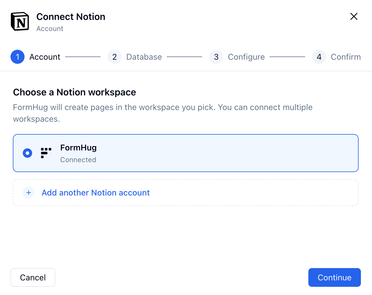 FormHug Connect Notion dialog showing a connected Notion workspace