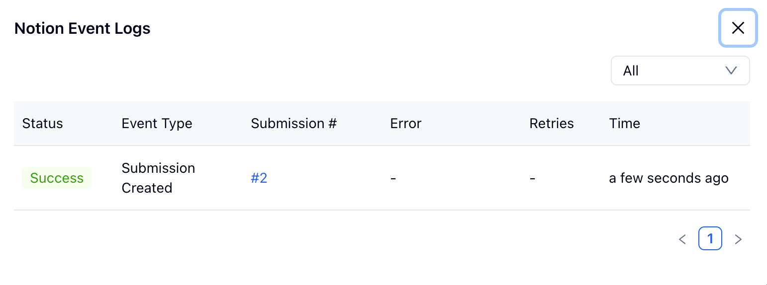 FormHug Notion event logs showing a successful submission created event