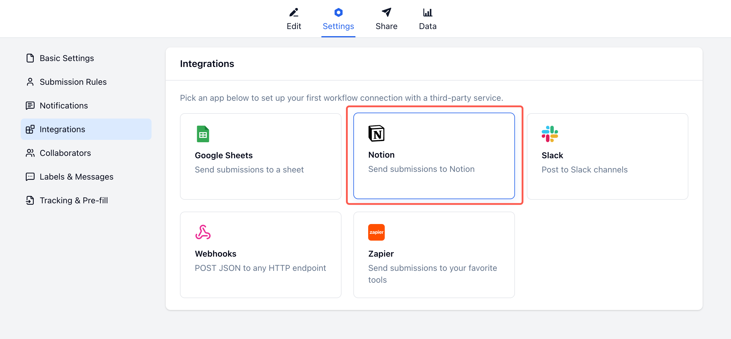 FormHug Integrations page showing the Notion integration card