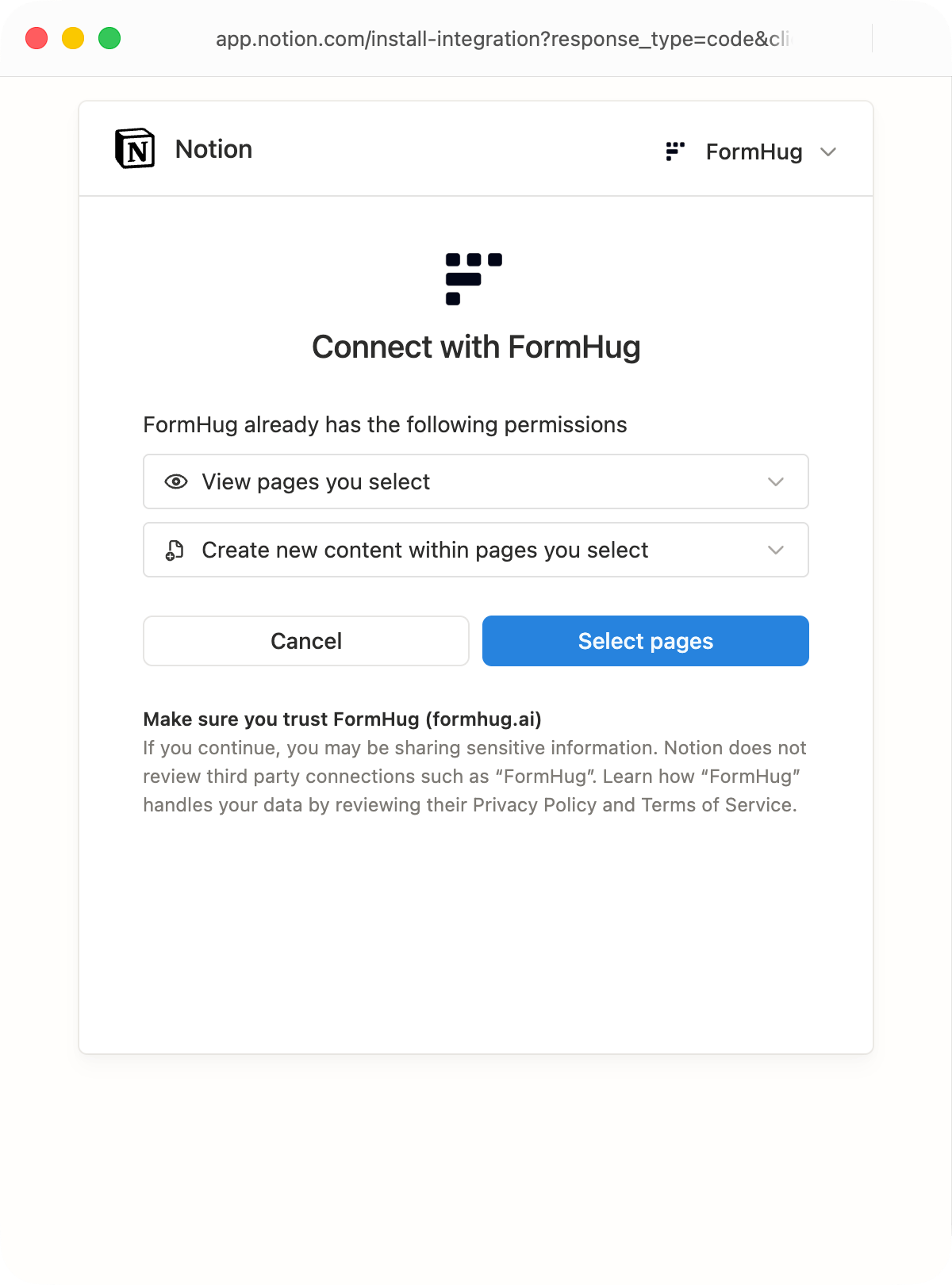 Notion authorization screen asking to connect with FormHug