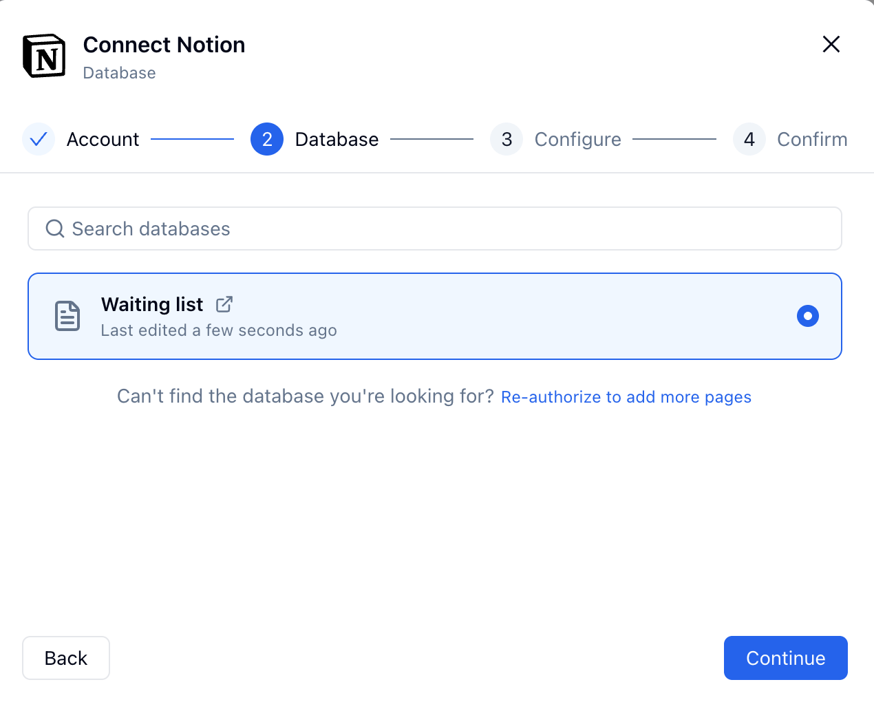 FormHug Connect Notion dialog showing a selected Waiting list database