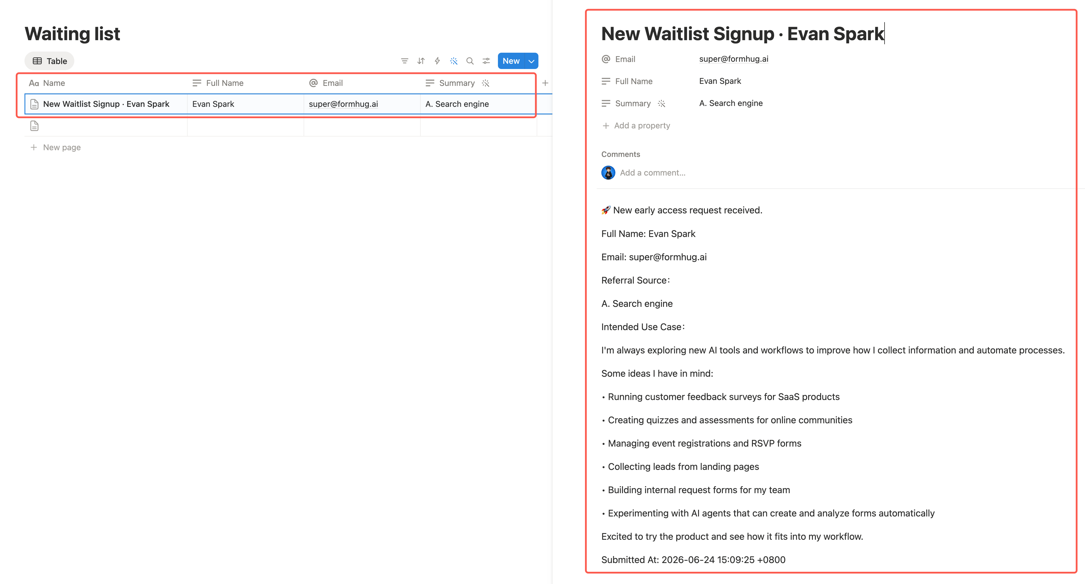 Notion database showing a synced FormHug waitlist submission and the generated page content
