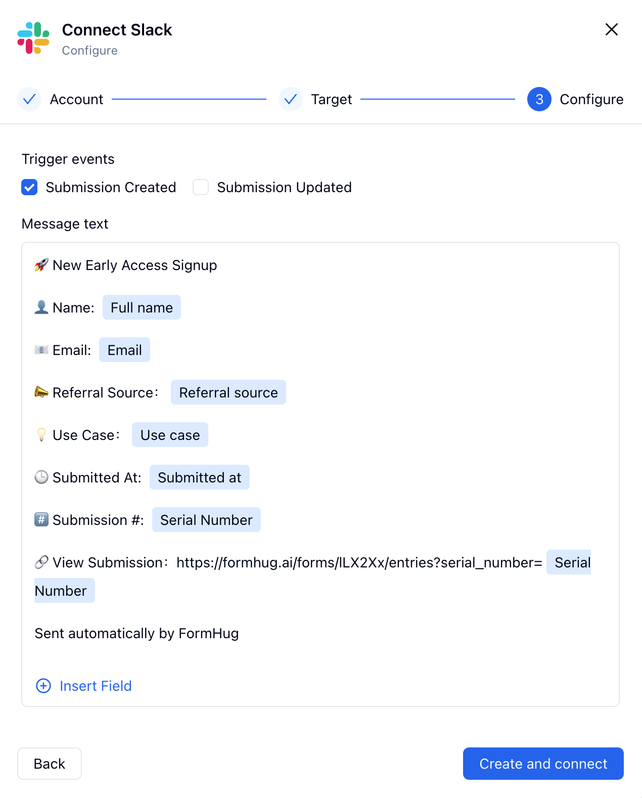 FormHug Connect Slack configuration step showing trigger events and custom message text