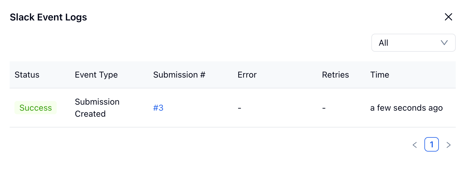 FormHug Slack event logs showing a successful submission created event