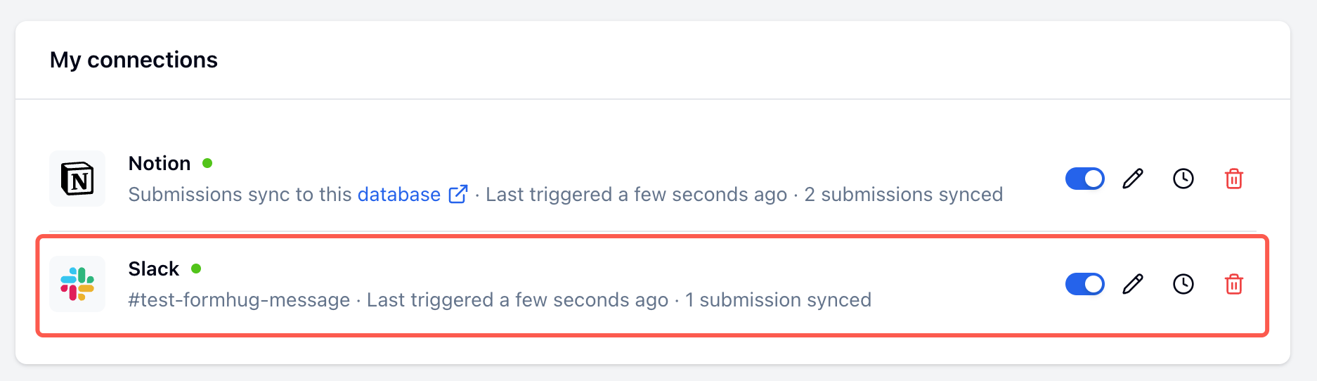 FormHug My connections panel showing an active Slack connection