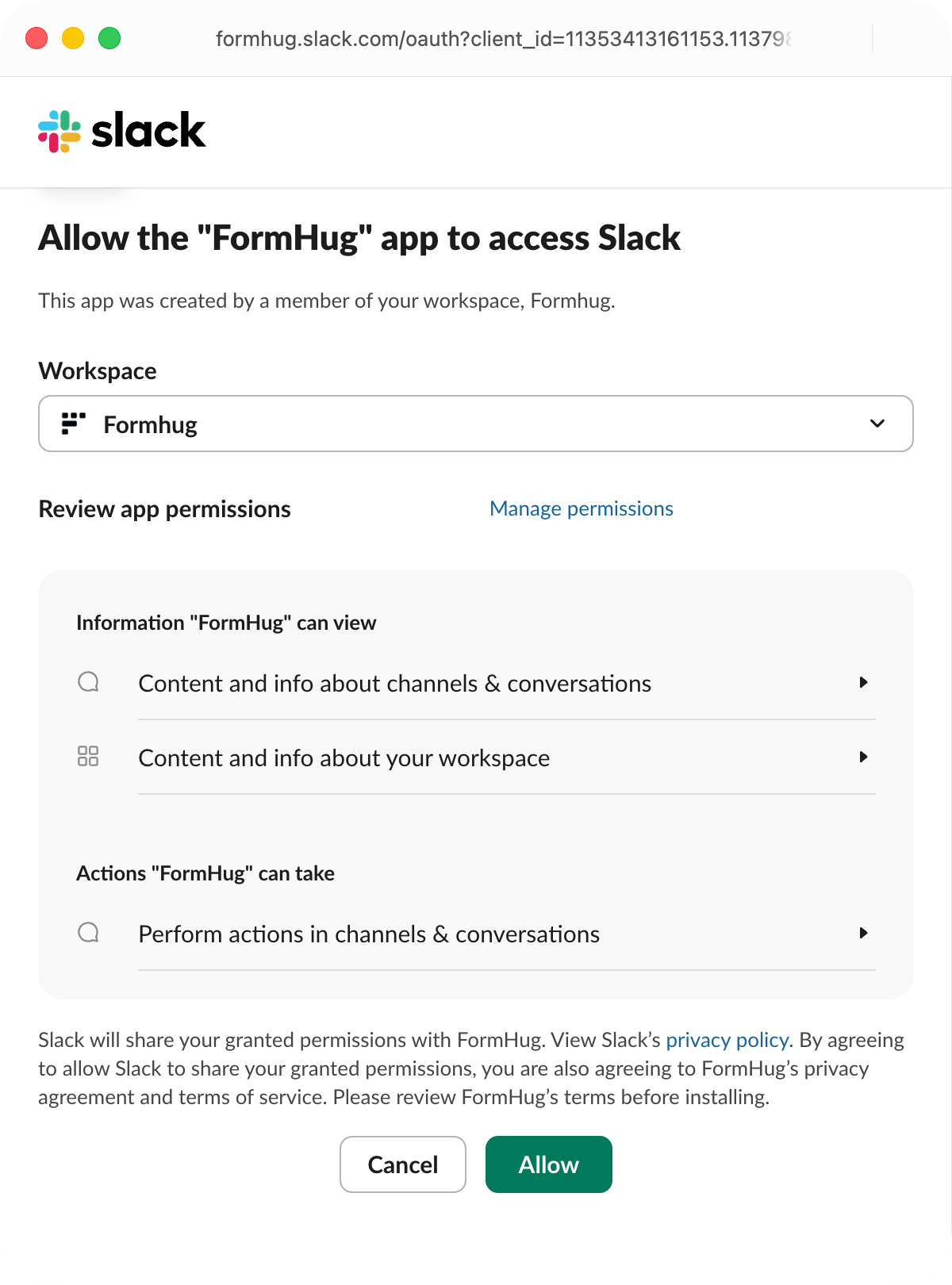 Slack authorization screen asking to allow the FormHug app to access Slack