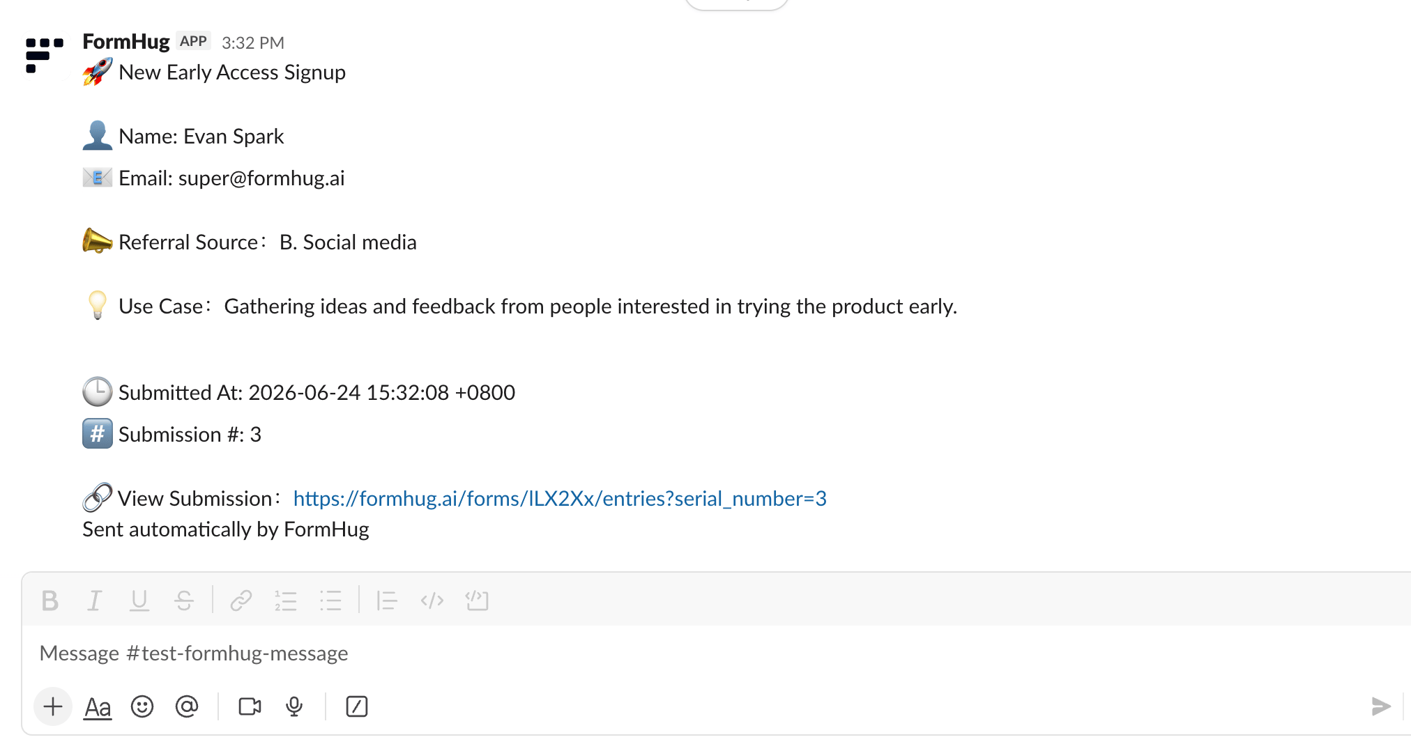 Slack channel showing a FormHug submission notification message