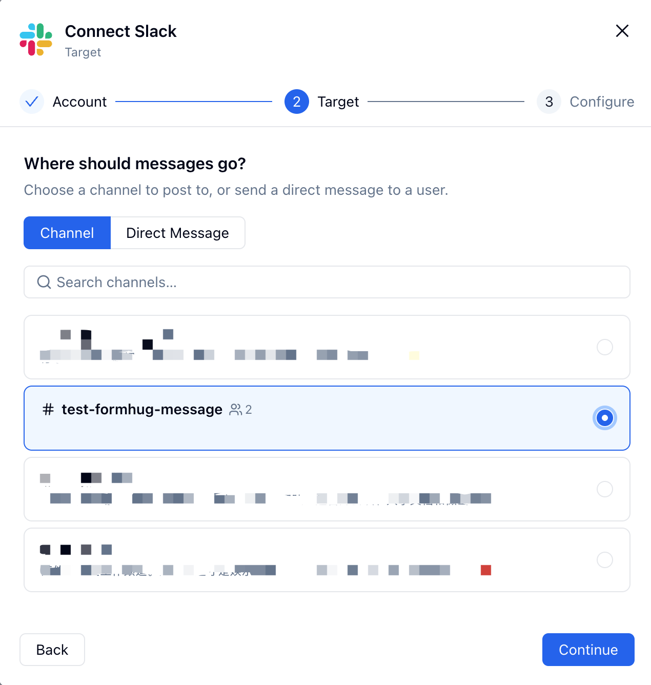 FormHug Connect Slack target step showing a selected Slack channel