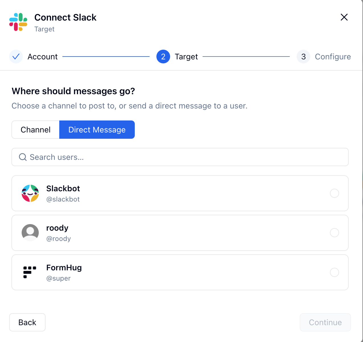 FormHug Connect Slack target step showing direct message recipients