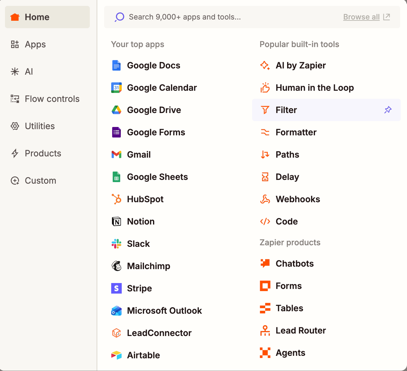 Zapier app chooser showing HubSpot among available apps