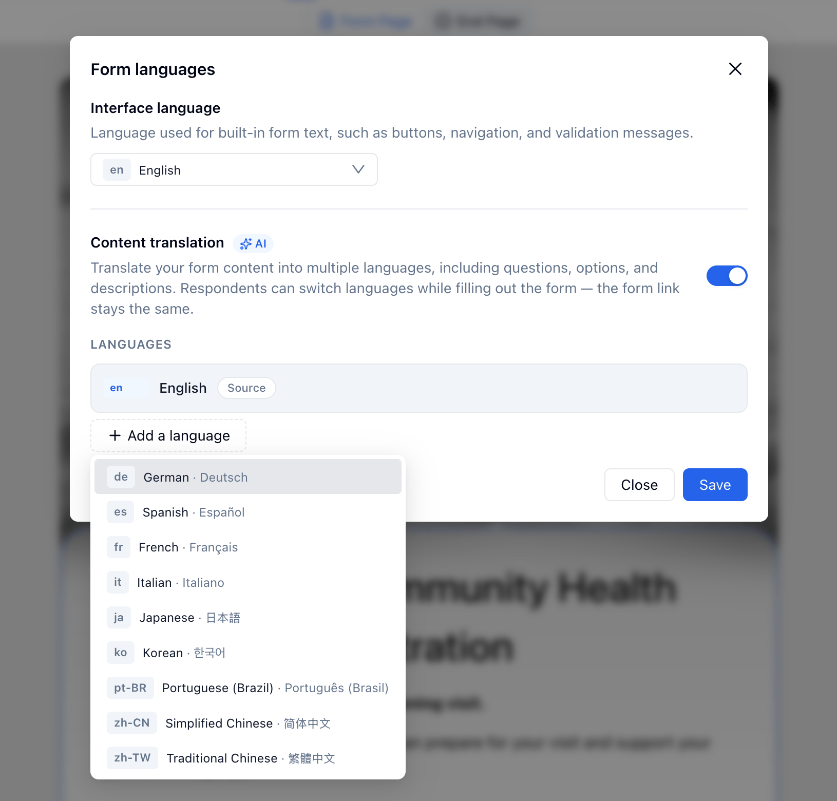 Form languages dialog showing the Add a language menu and supported translation languages