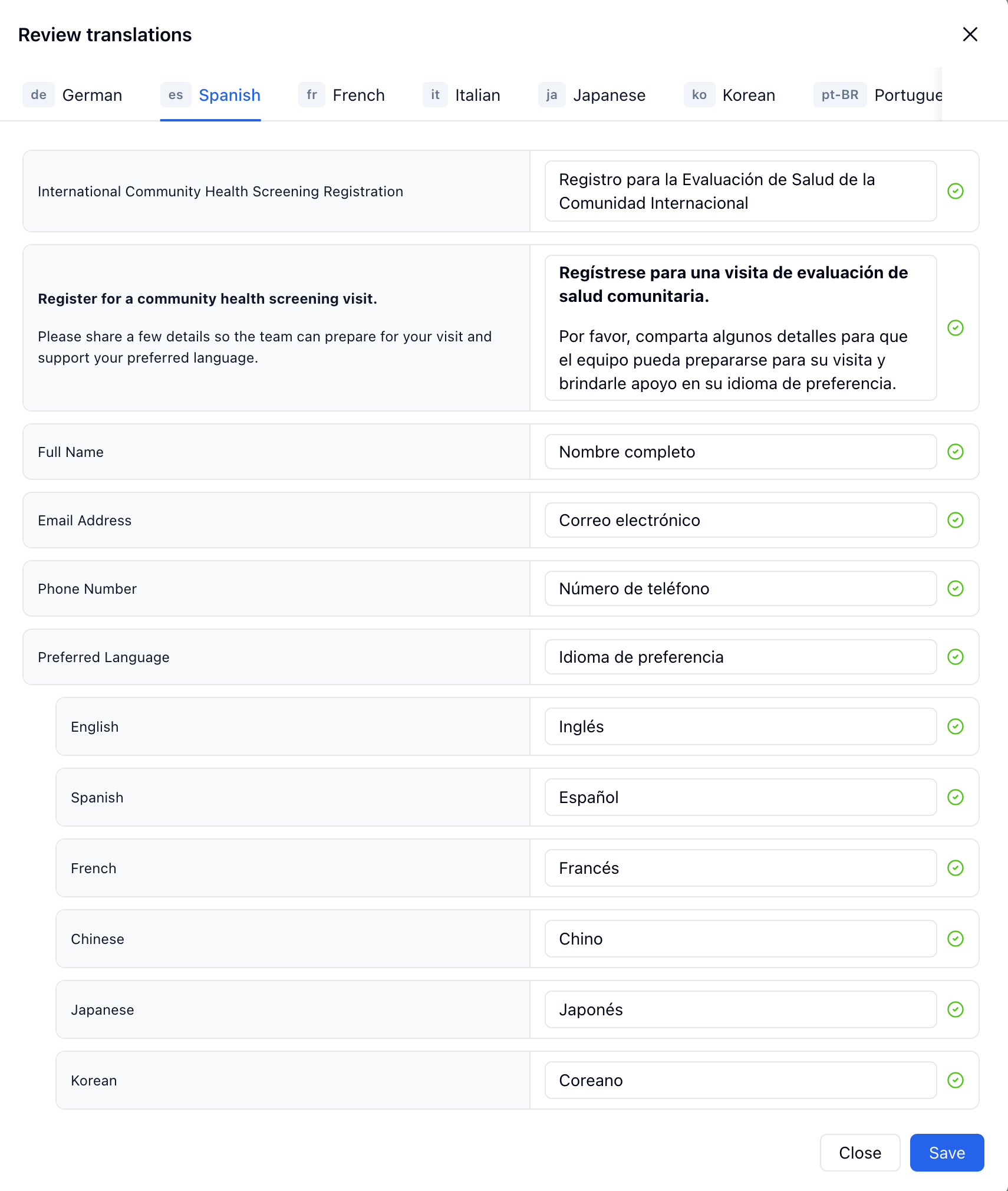 Review translations dialog showing source text on the left and editable Spanish translations on the right