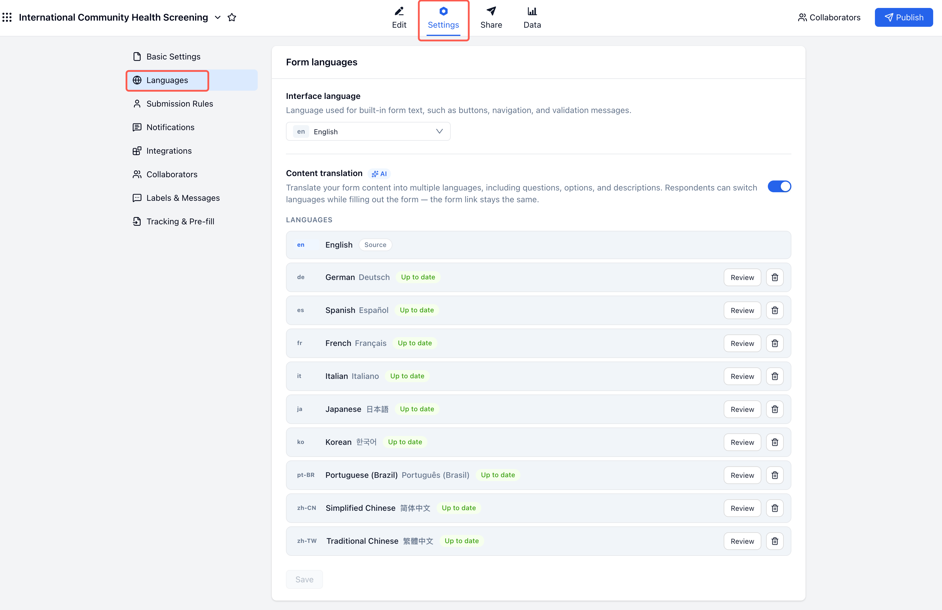 FormHug language settings page showing interface language and content translation settings