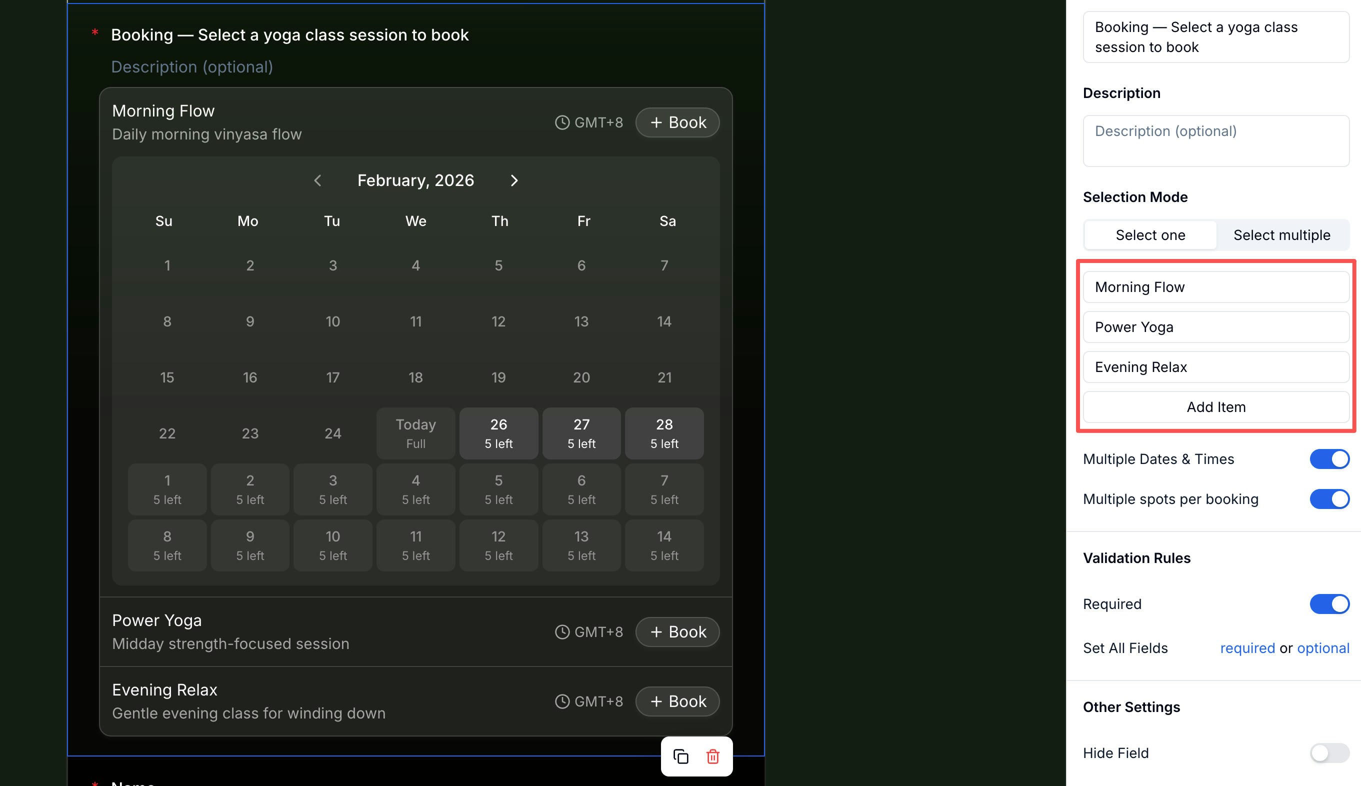 Booking field in the editor