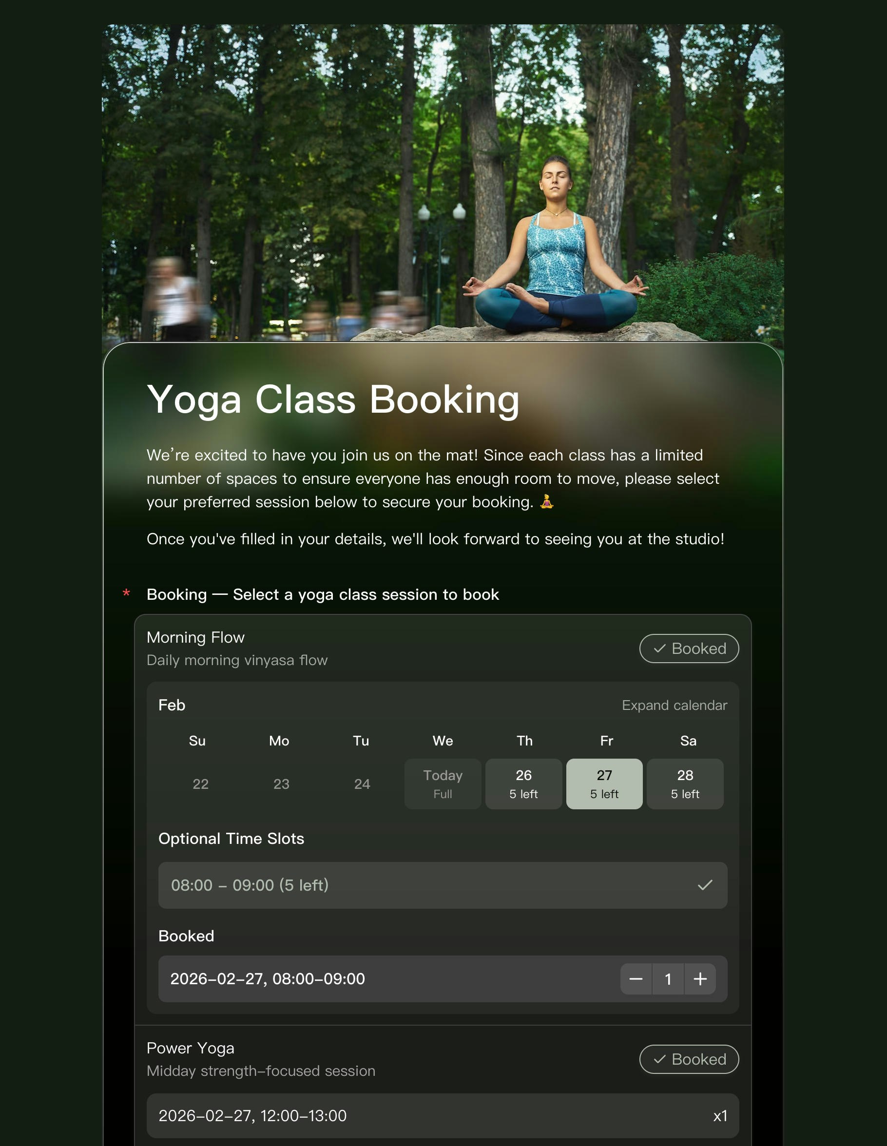 Participant-facing booking form on mobile