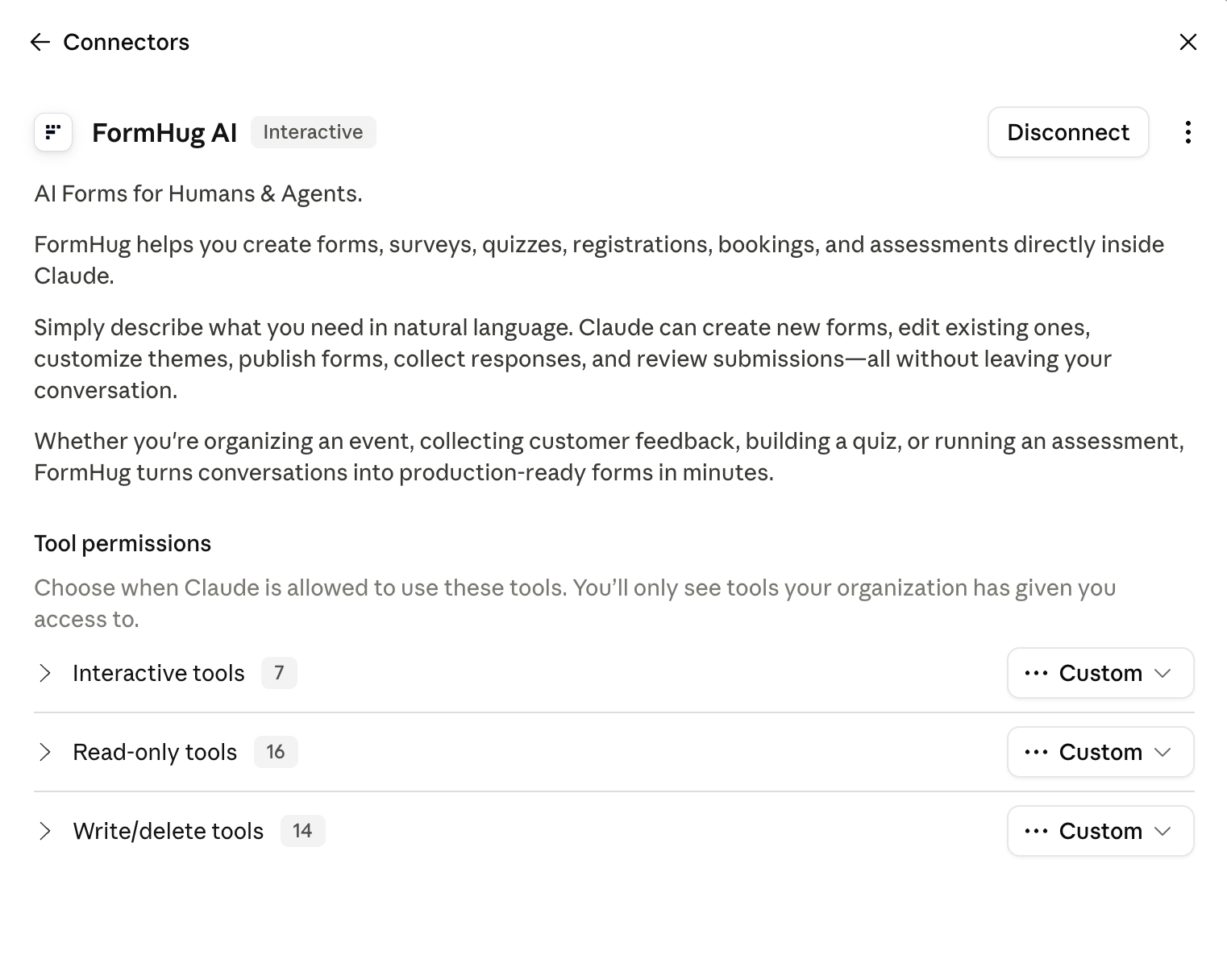 FormHug AI connector details in Claude showing its description and permission groups for interactive, read-only, and write/delete tools