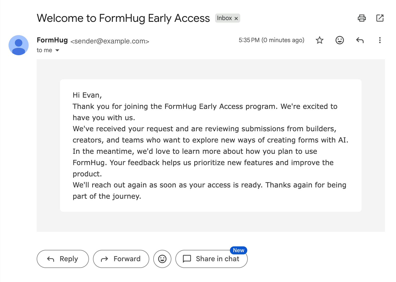 Received email showing a message sent from the configured SMTP sender
