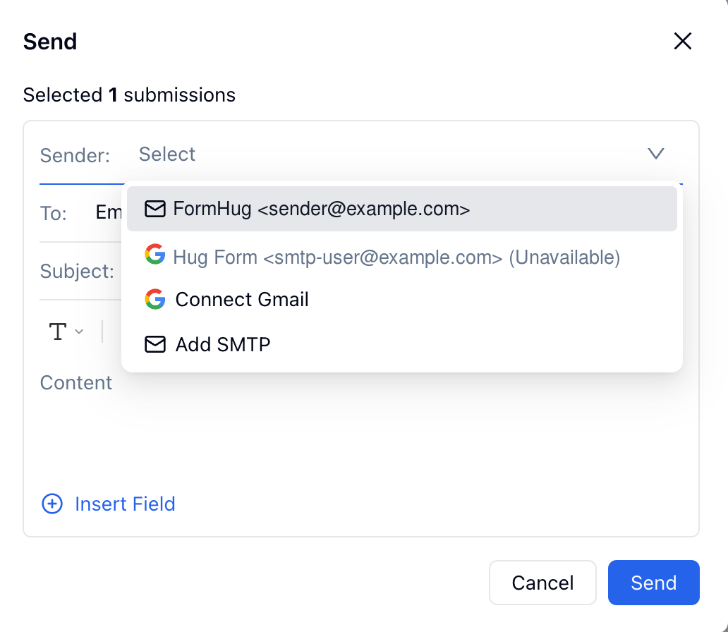 FormHug email sender dropdown showing an Add SMTP option