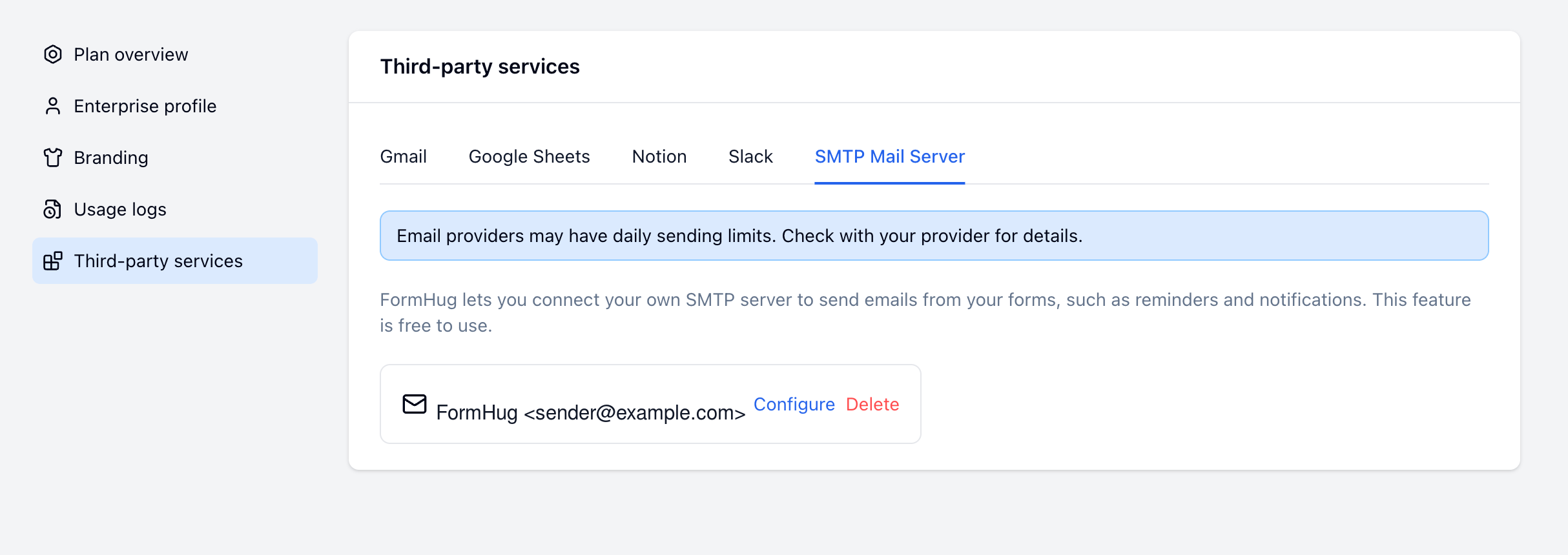 FormHug third-party services page showing SMTP Mail Server settings