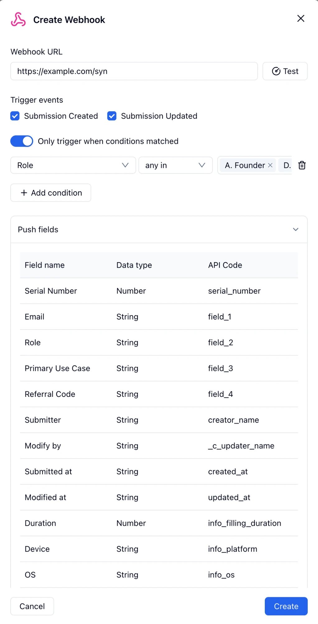 FormHug Create Webhook dialog showing URL field, trigger events, conditions, and push fields