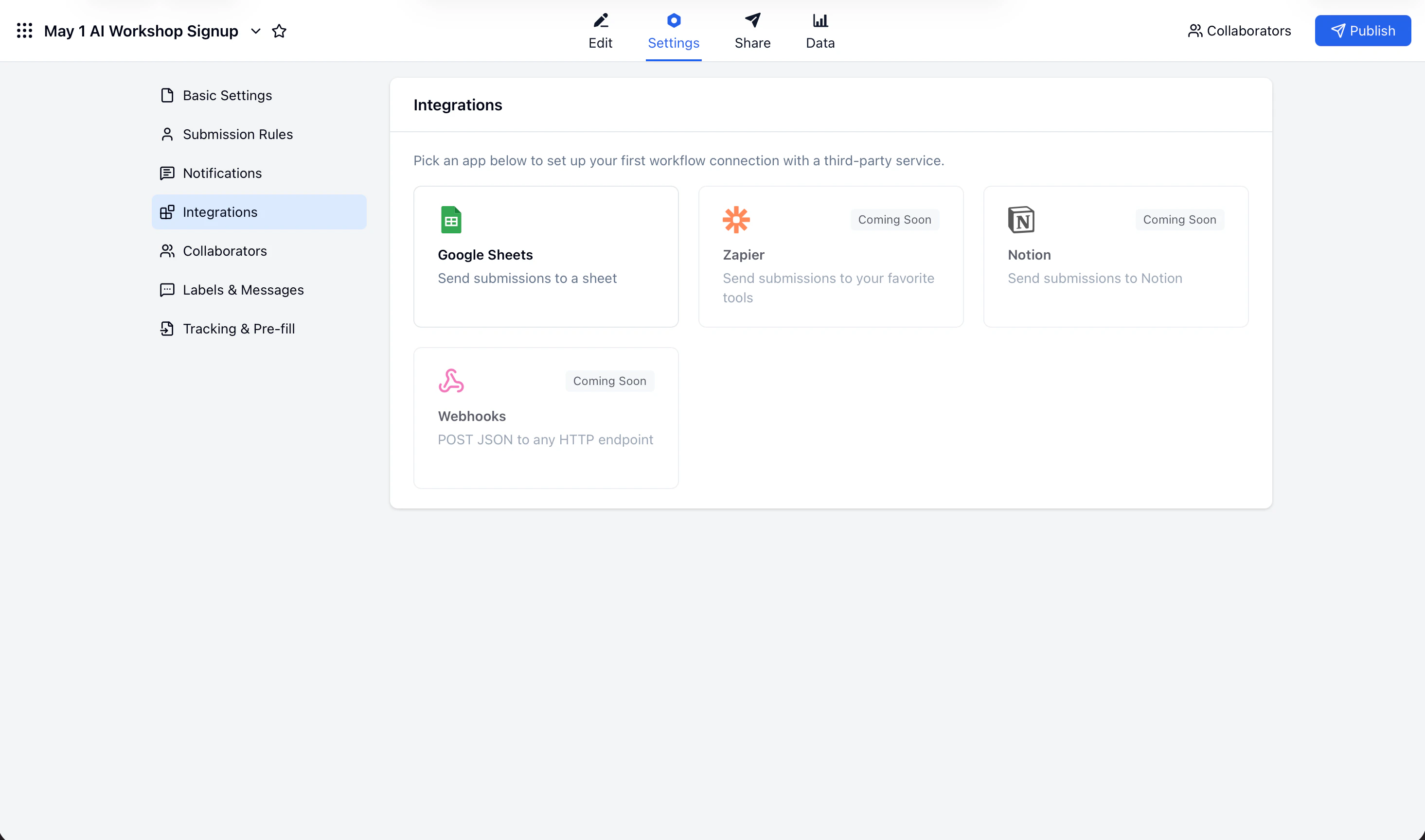 FormHug form settings page showing the Integrations section