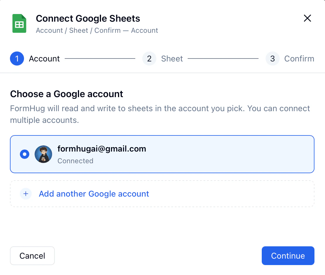 Google Sheets integration dialog for connecting a Google account