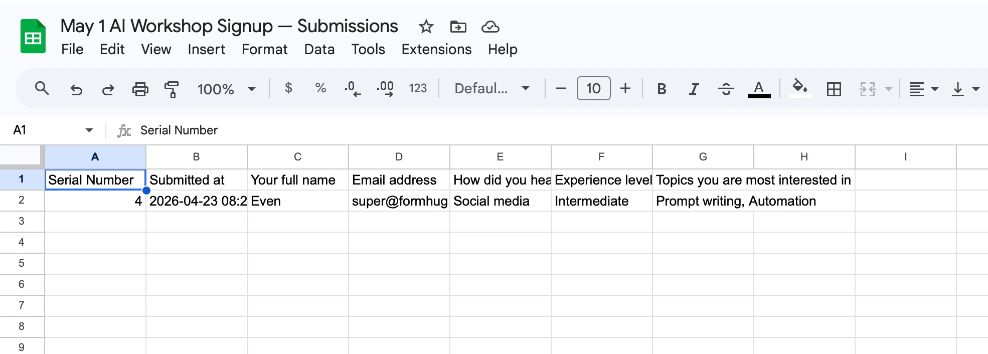 Connected Google Sheet showing synced submission data in rows and columns