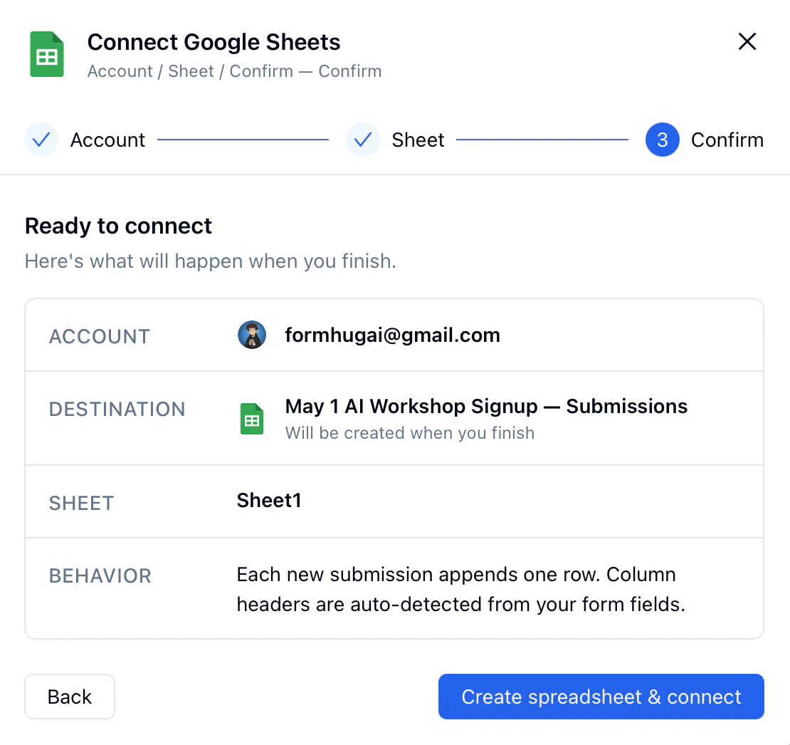 Google Sheets setup review screen showing the account and spreadsheet connection details
