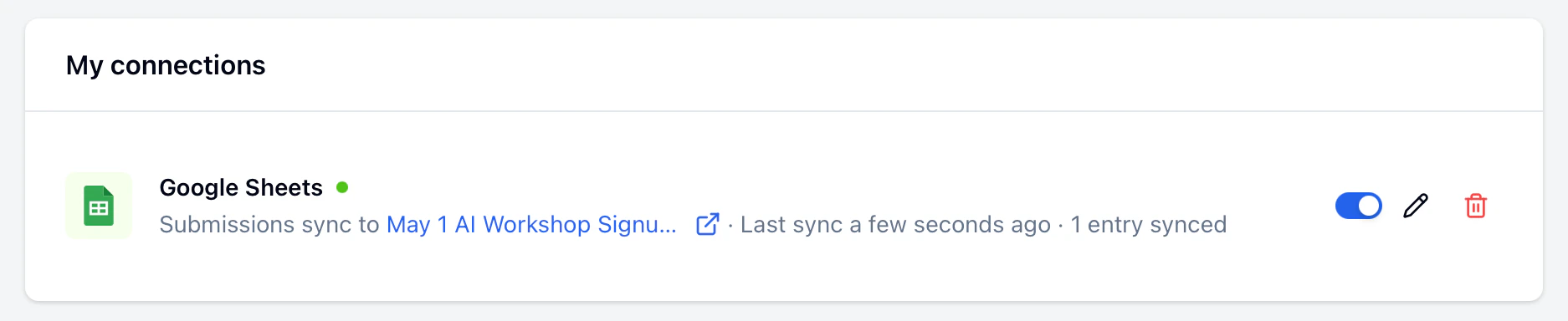 Google Sheets integration page showing connected spreadsheet records