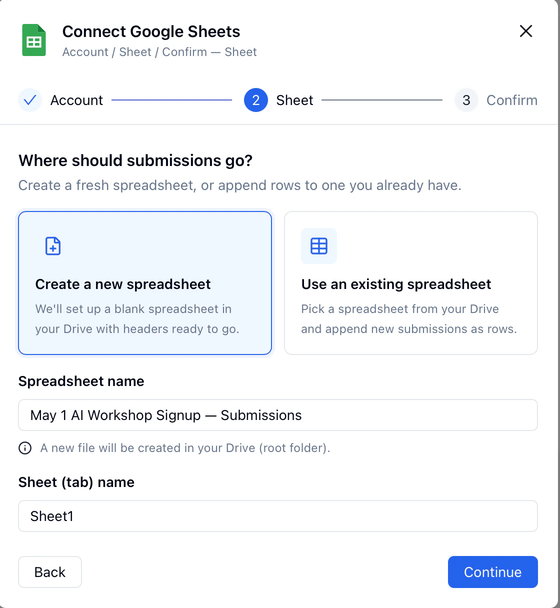 Google Sheets setup screen for creating a new spreadsheet from FormHug