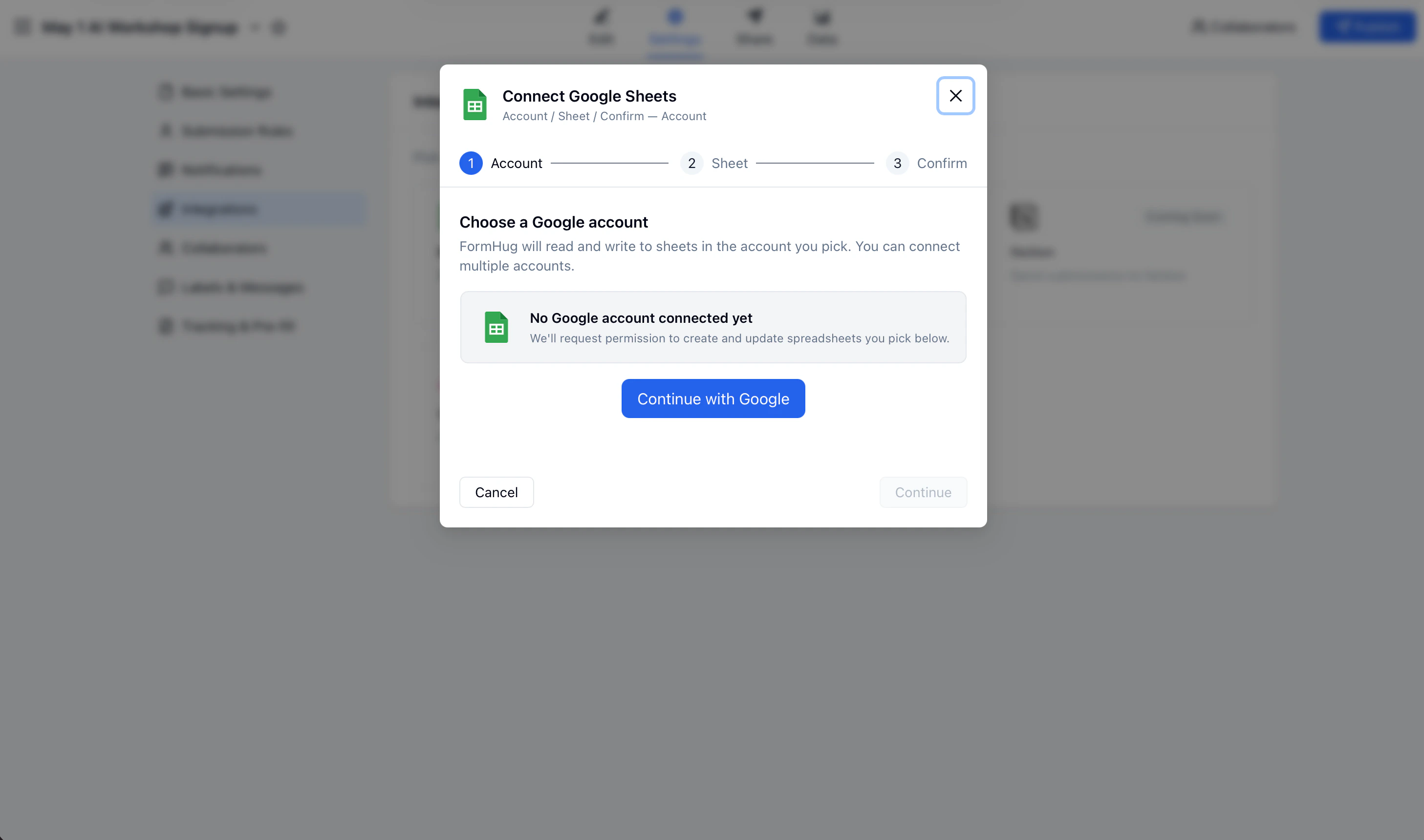 Google Sheets integration page showing account connection options