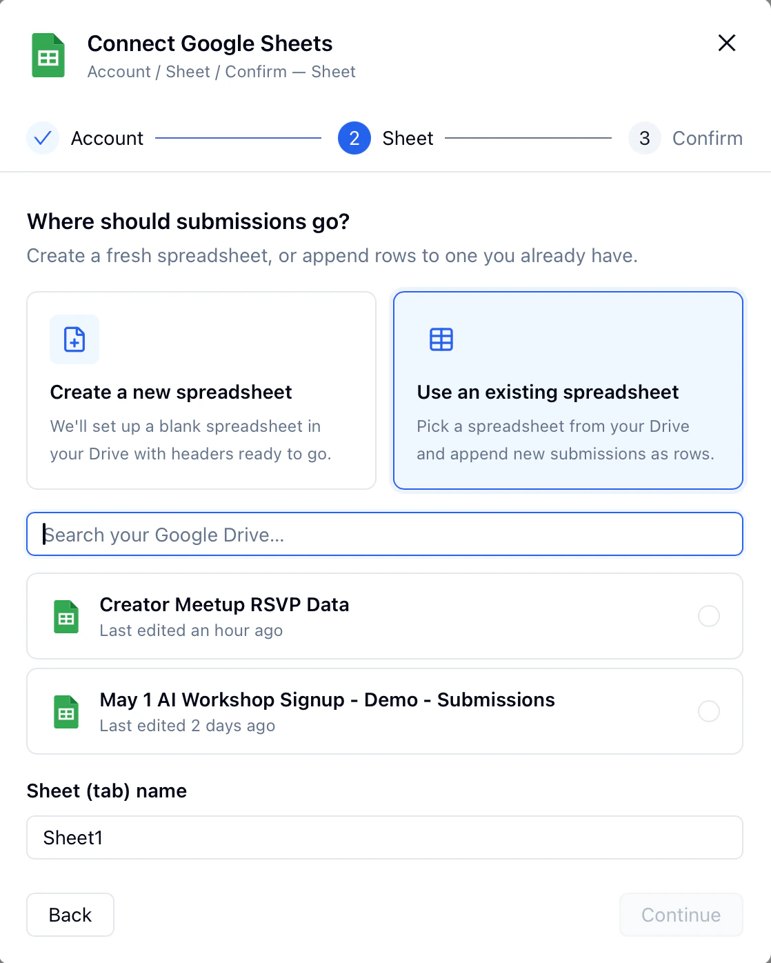 Google Sheets setup screen for selecting an existing spreadsheet