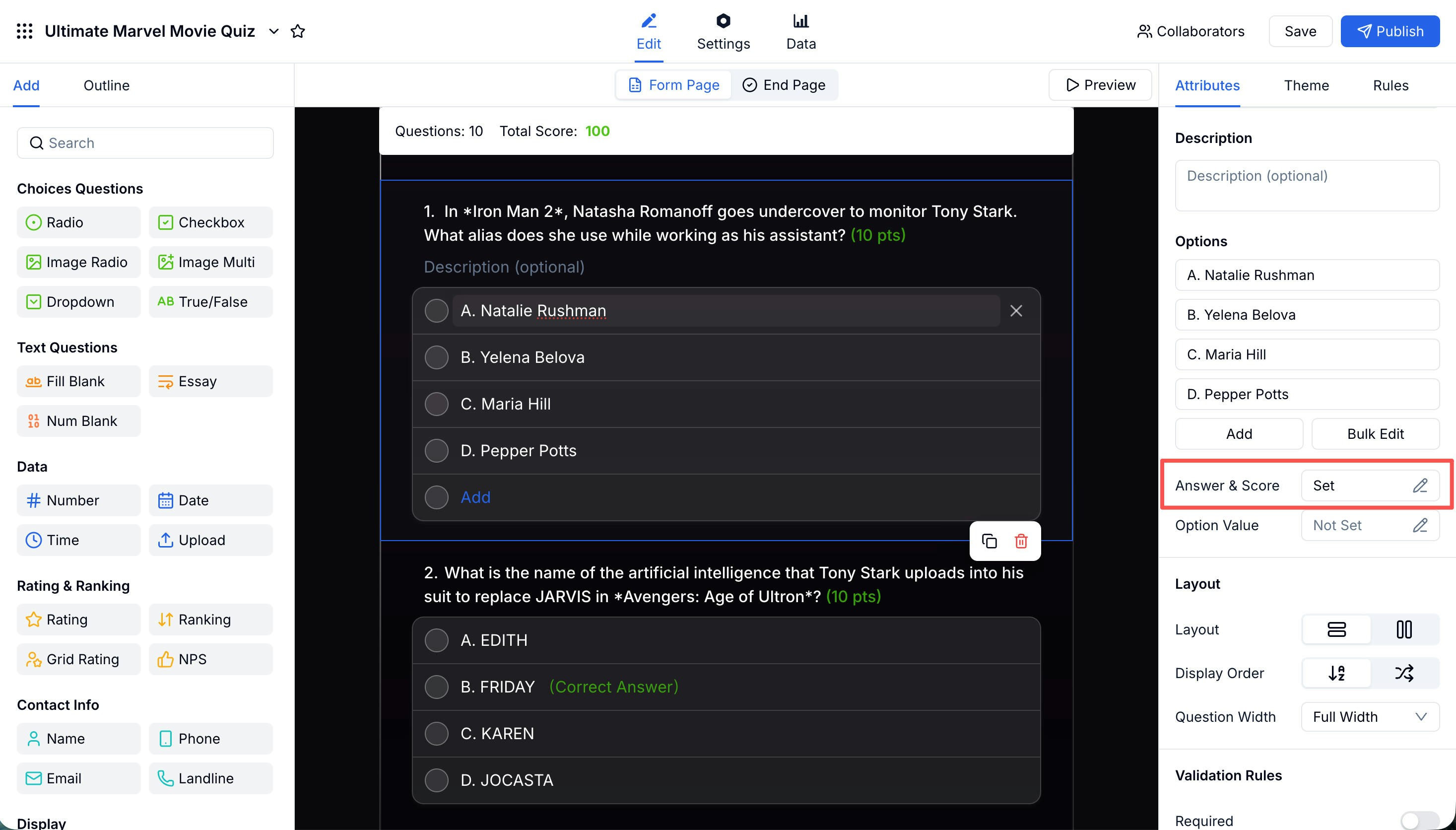 Answer & Score — editor view