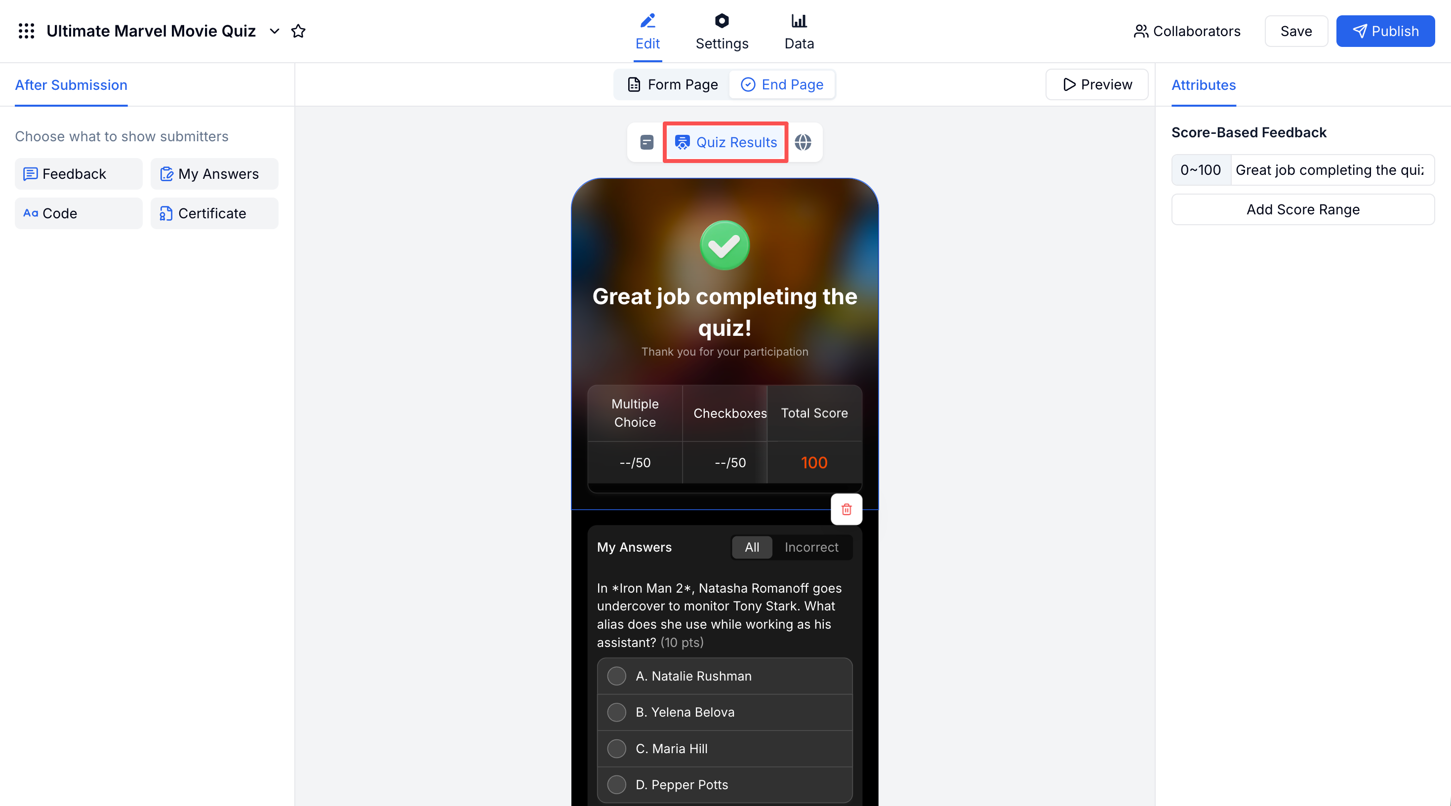Quiz Results end page