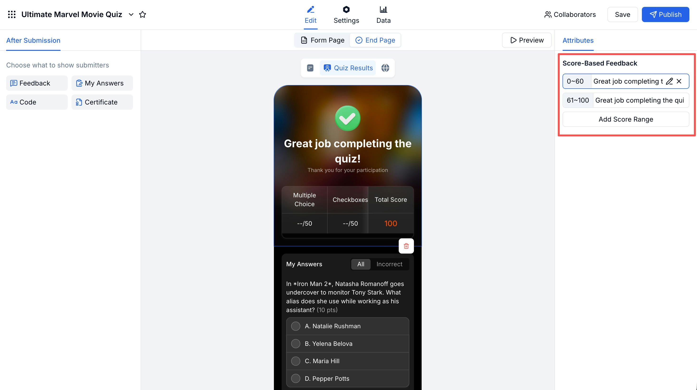 Score-based feedback configuration