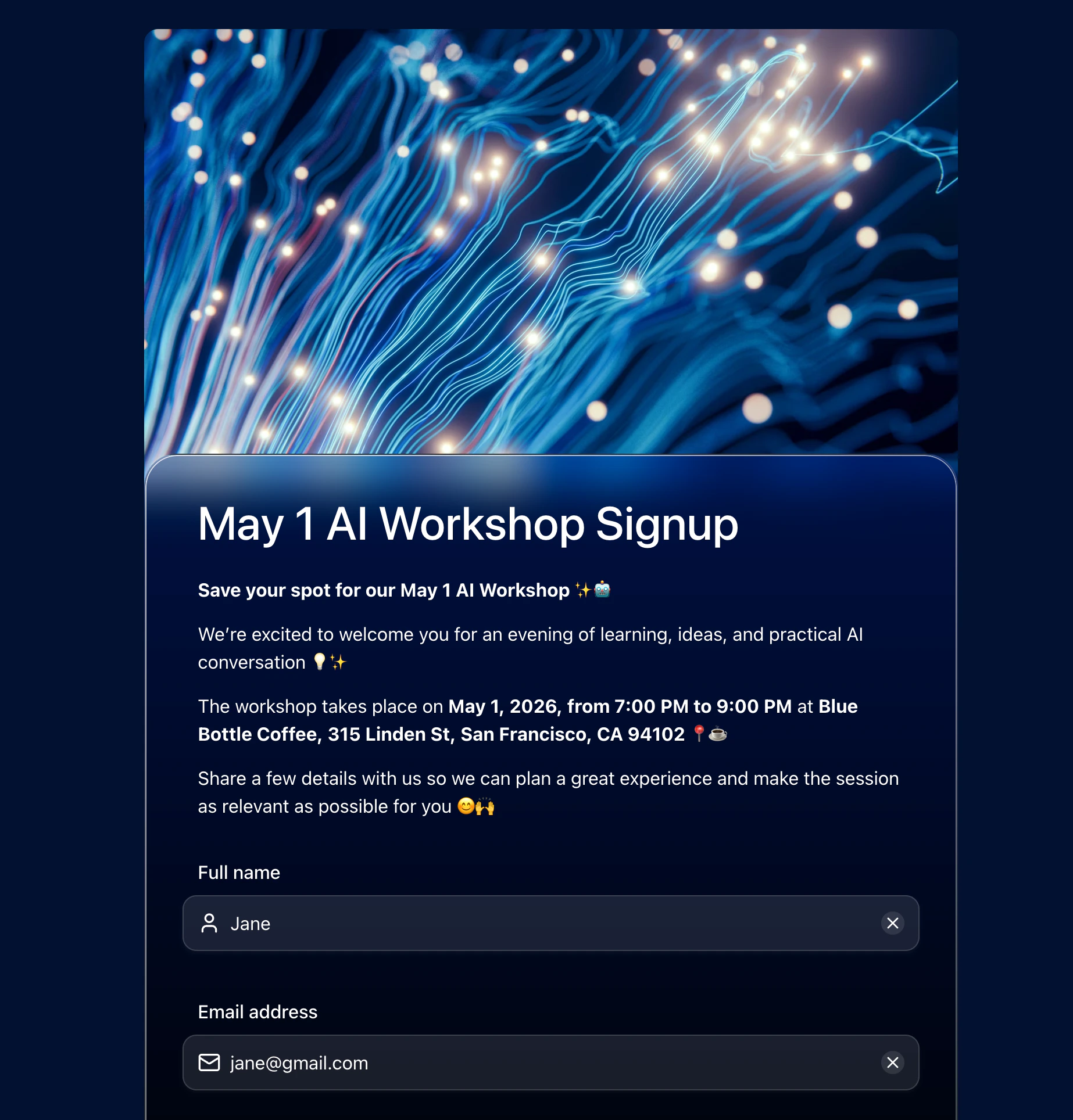 AI Workshop Signup form built in FormHug