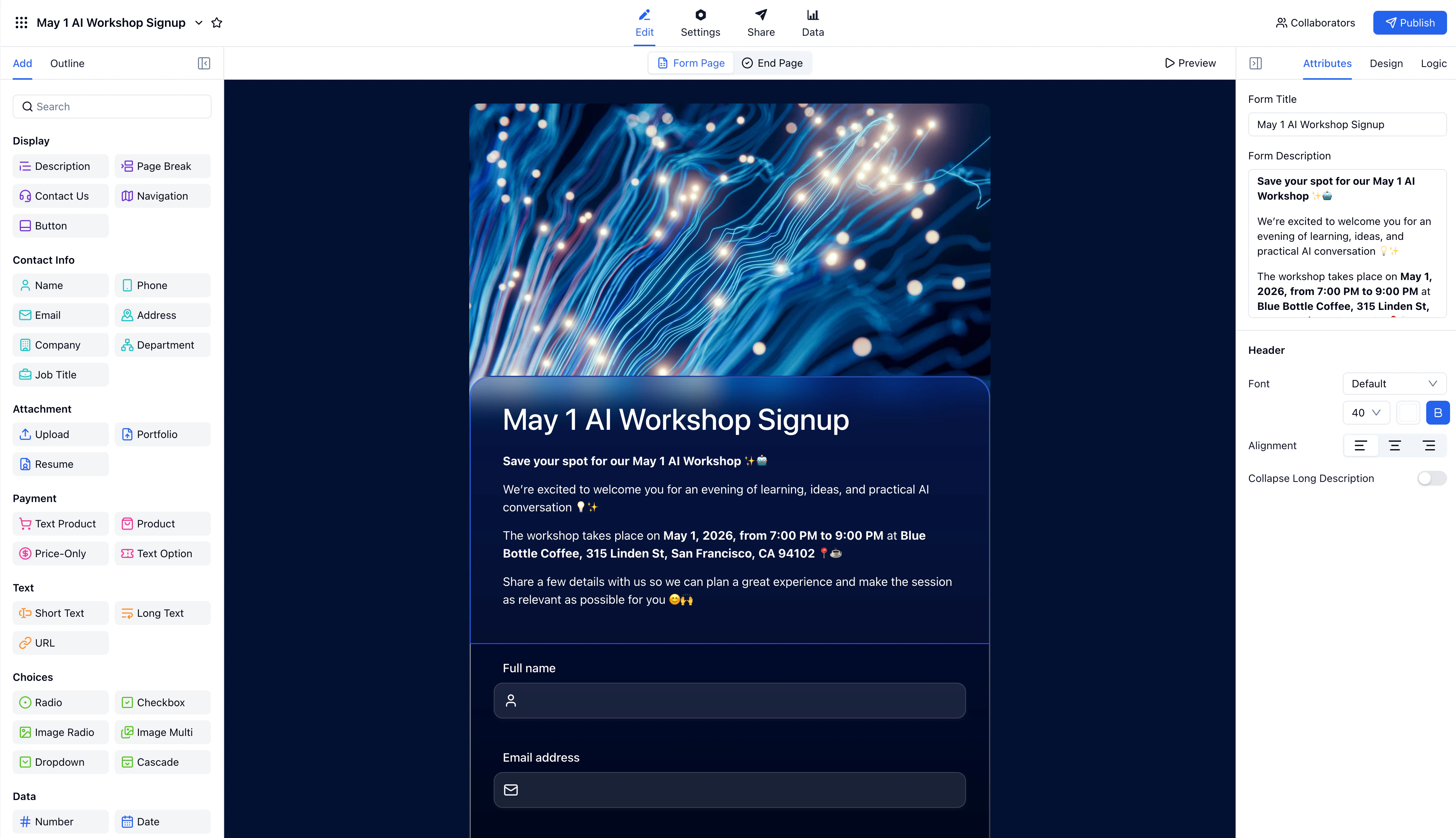 FormHug form editor showing the AI Workshop Signup form with an Email address field visible in the builder