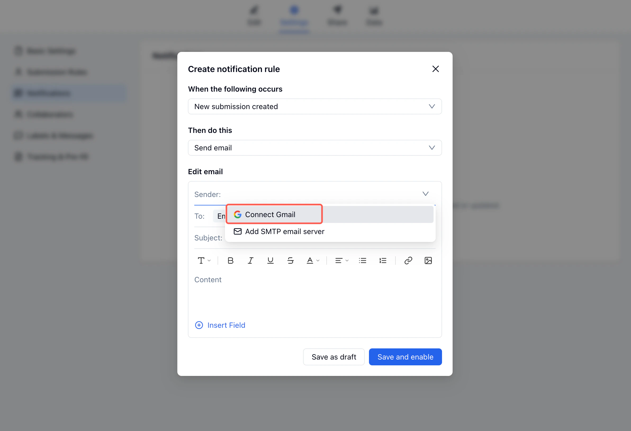 Sender dropdown showing Connect Gmail and Add SMTP email server options