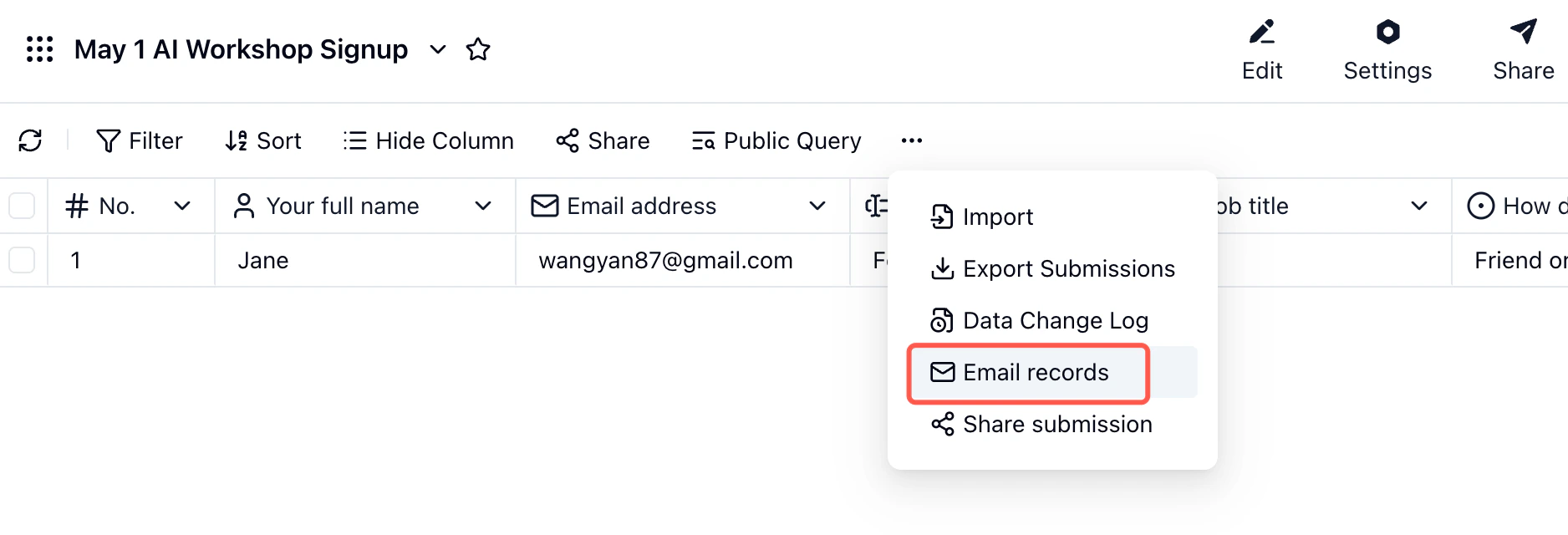 Data tab overflow menu with Email records option highlighted