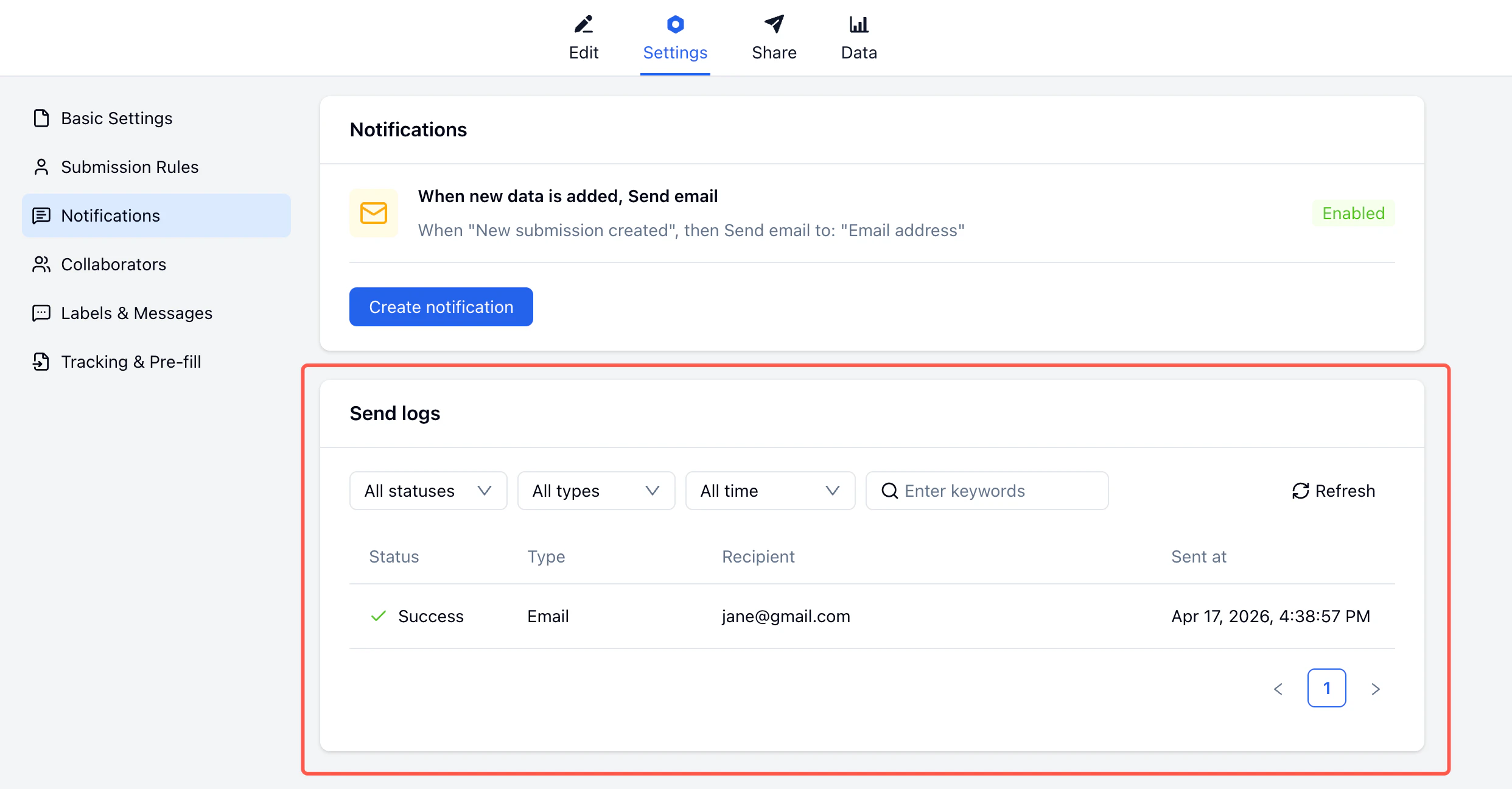 Send logs table showing Status, Type, Recipient, and Sent at columns