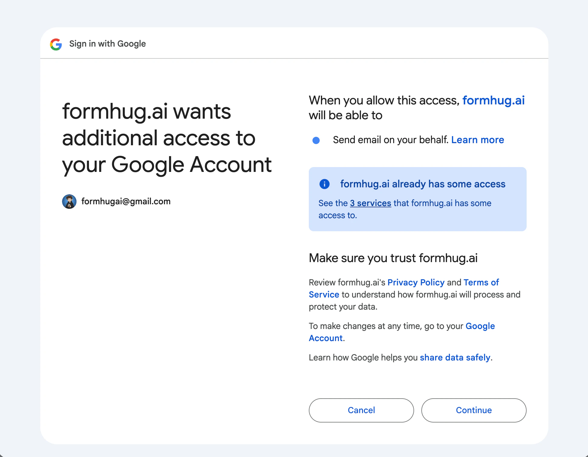 Google authorization screen for formhug.ai requesting send email permission