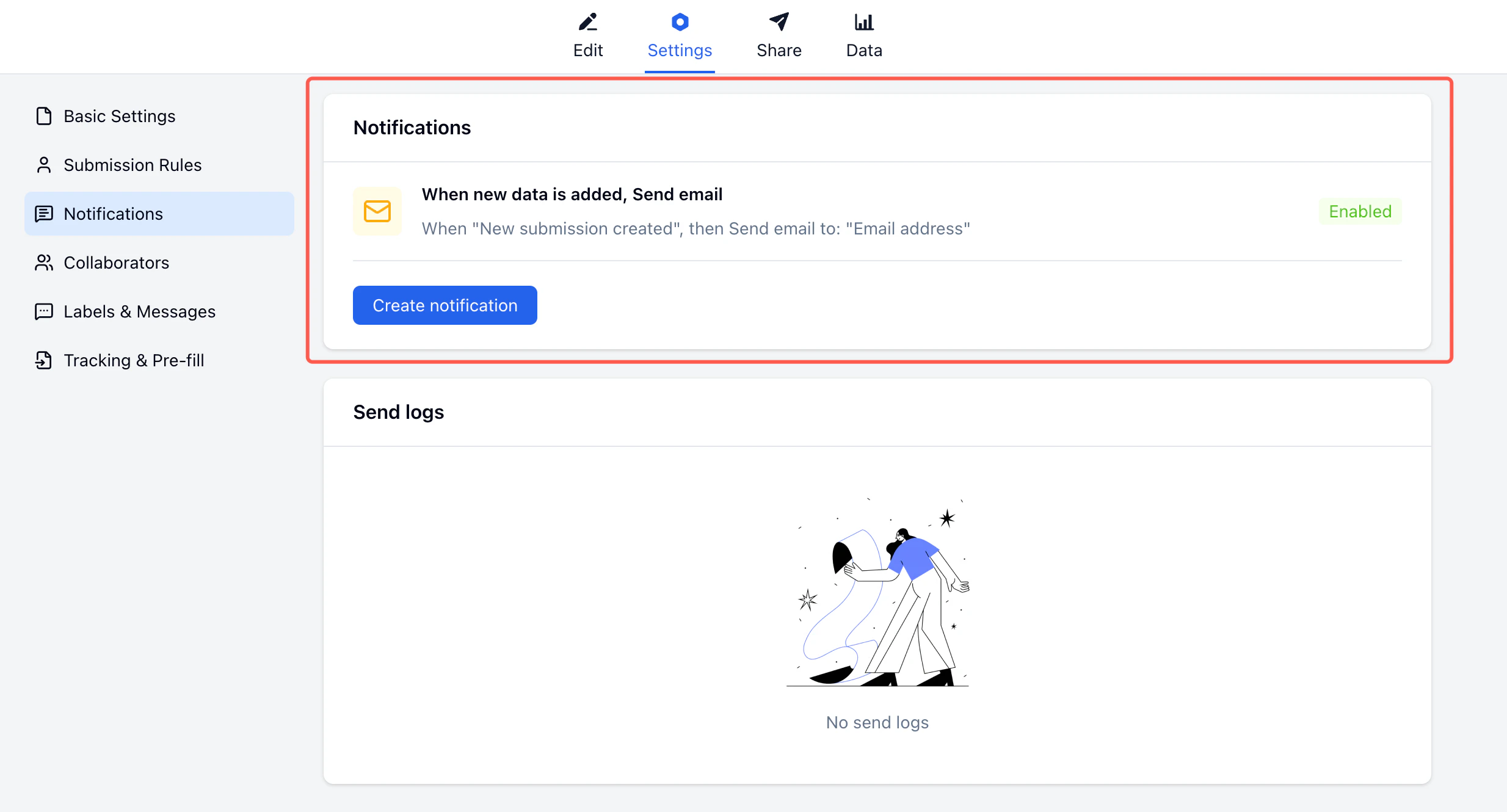 Notifications page showing the rule enabled: When new submission created, send email to Email address