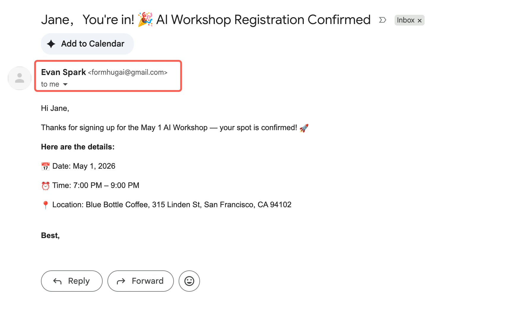Received confirmation email in Gmail inbox: Jane, You're in! AI Workshop Registration Confirmed, sent from Evan Spark