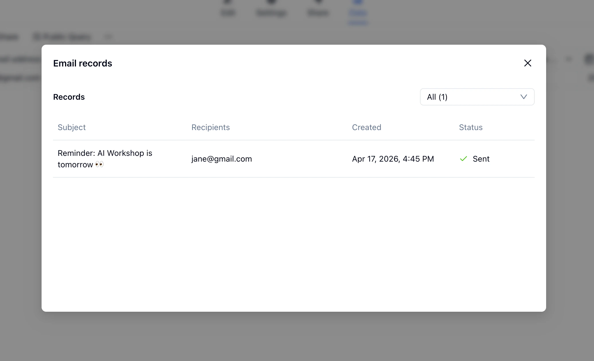 Email records panel showing Reminder: AI Workshop is tomorrow sent to jane@gmail.com with status Sent