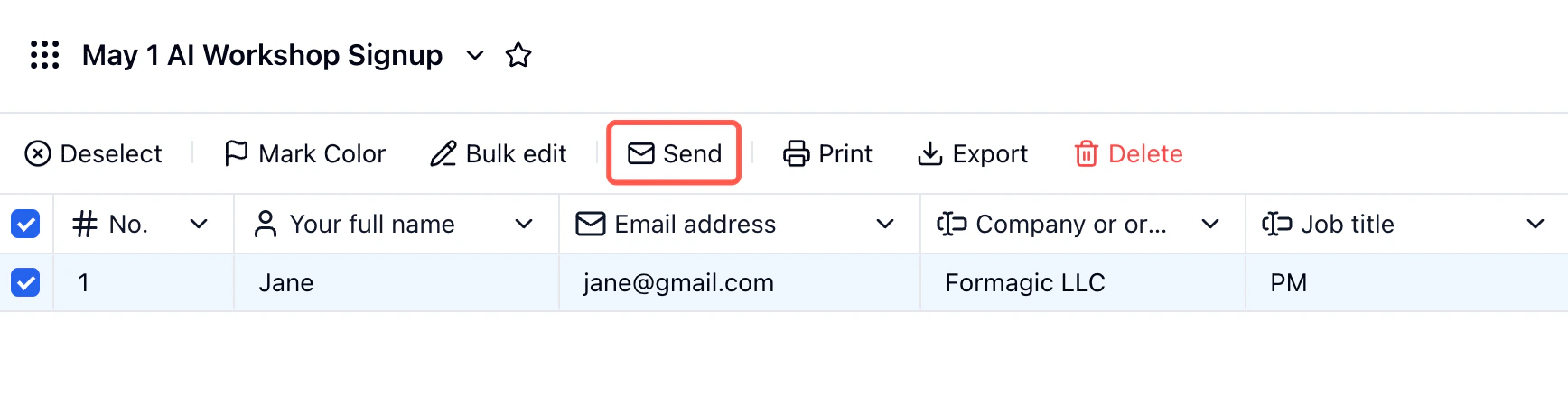 Submissions table with checkboxes selected and Send button highlighted in the toolbar