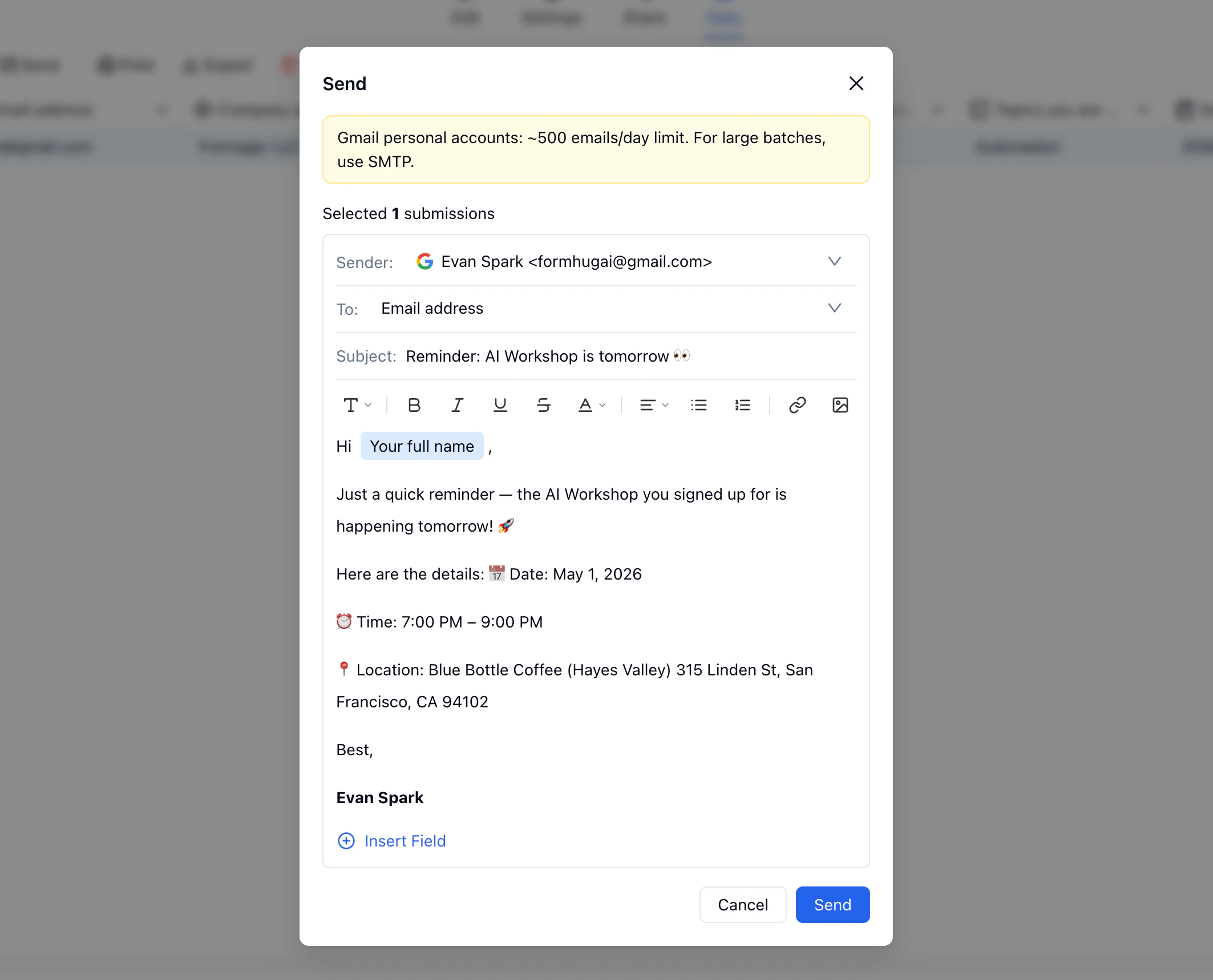 Send dialog showing selected submissions, Gmail sender, and reminder email addressed to the submitter by name